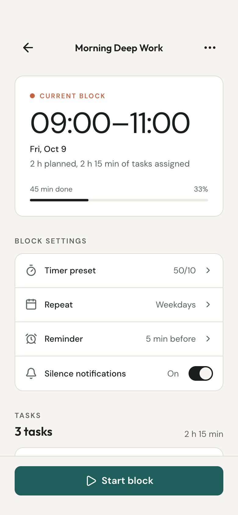 Fokus Block Detail screen