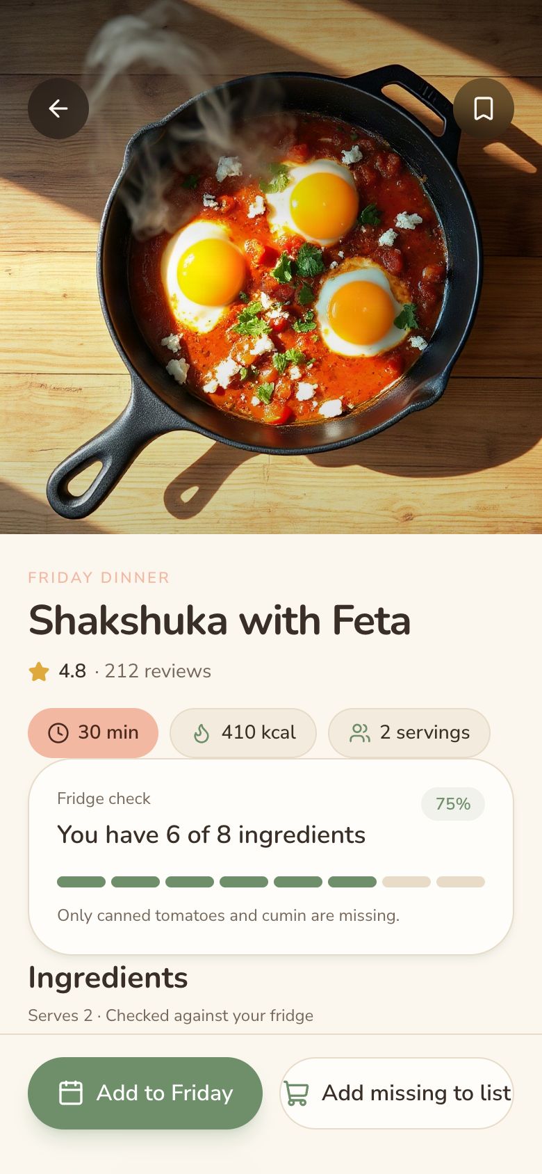 Fridgely Recipe Detail screen