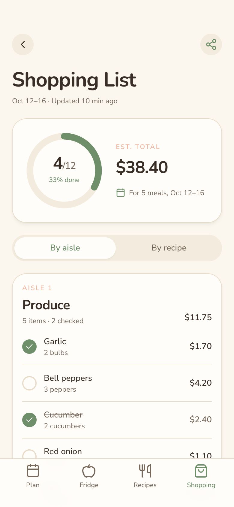 Fridgely Shopping List screen