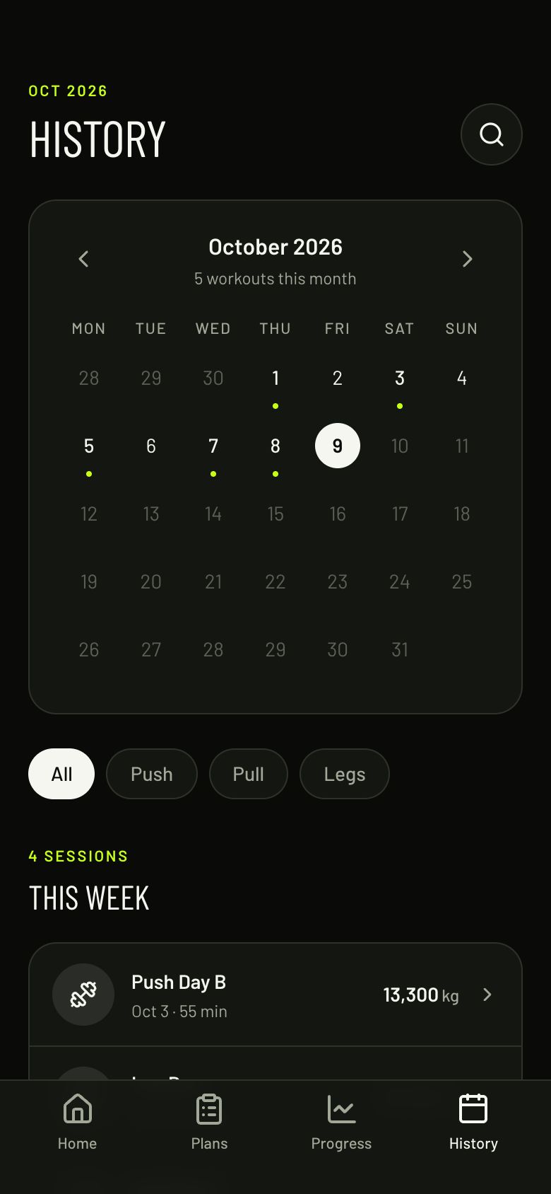 IronLog History screen