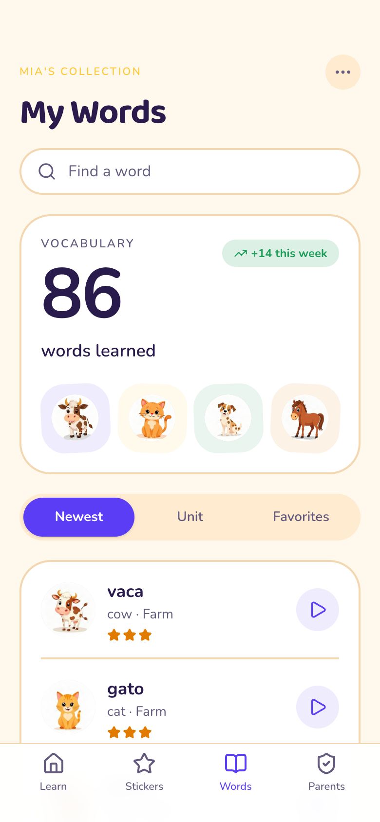 Lingo Buddies Word Library screen