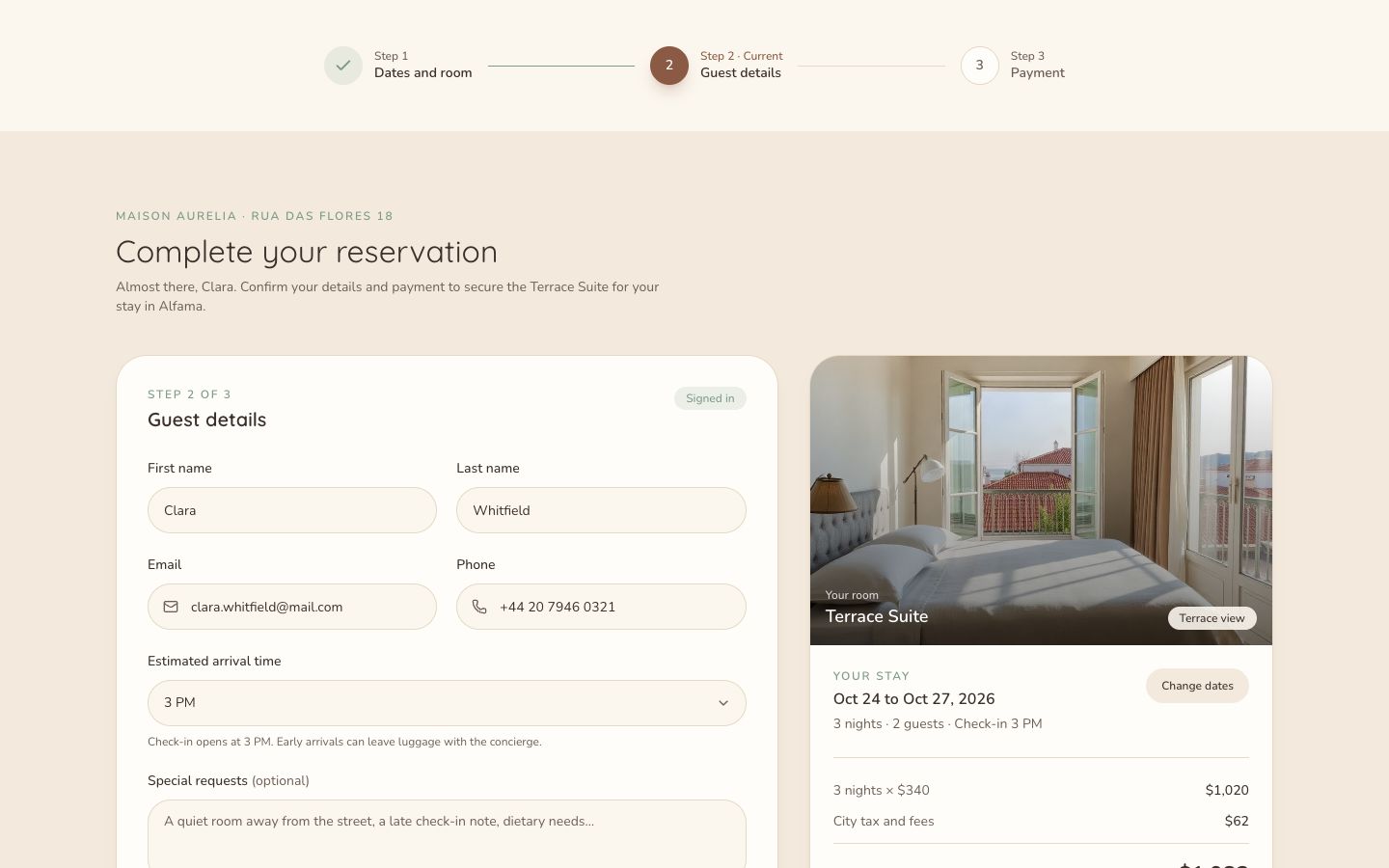 Maison Aurelia Booking page