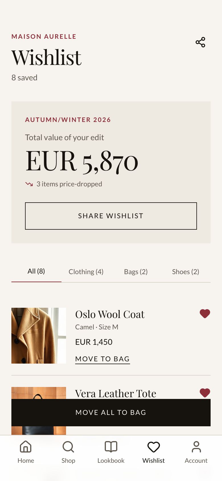 Maison Aurelle Wishlist screen