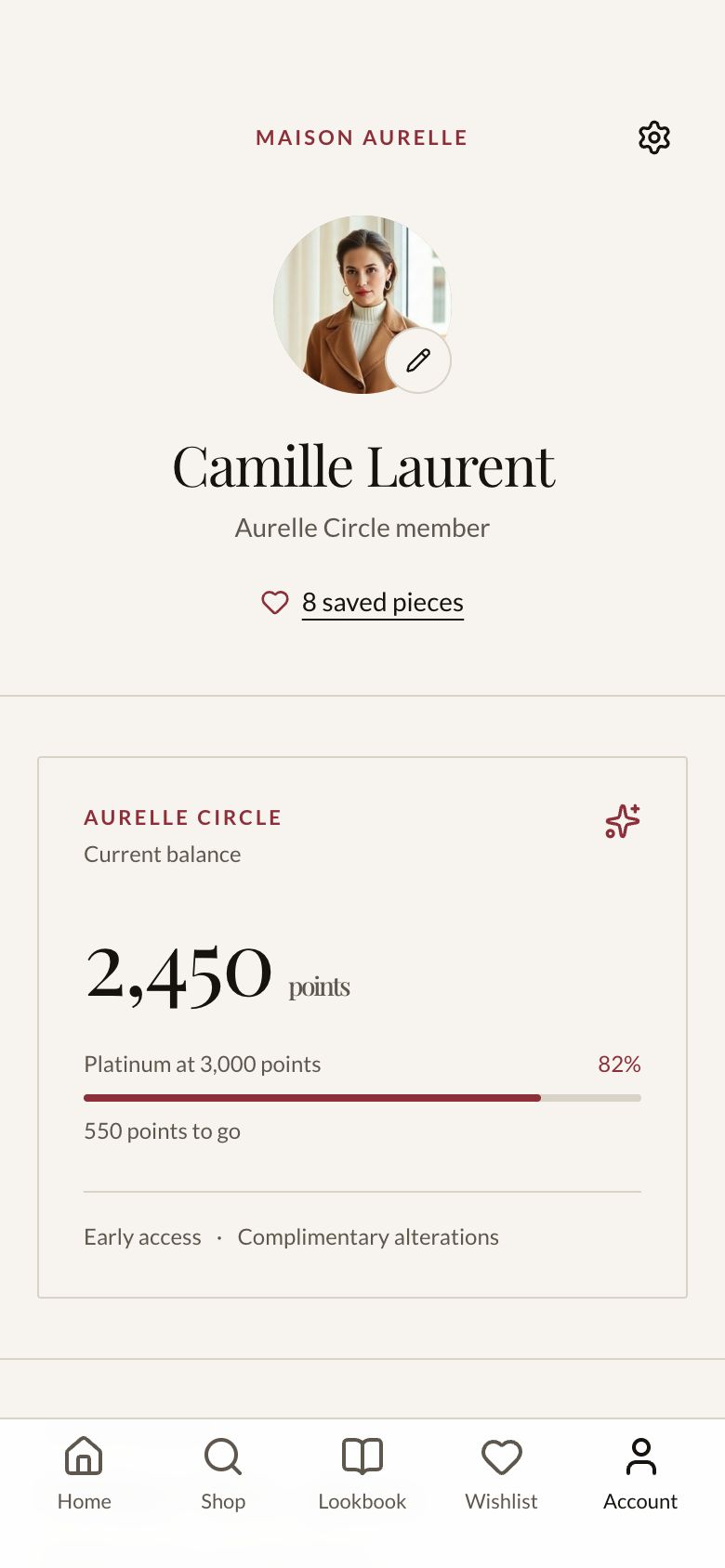 Maison Aurelle Account screen