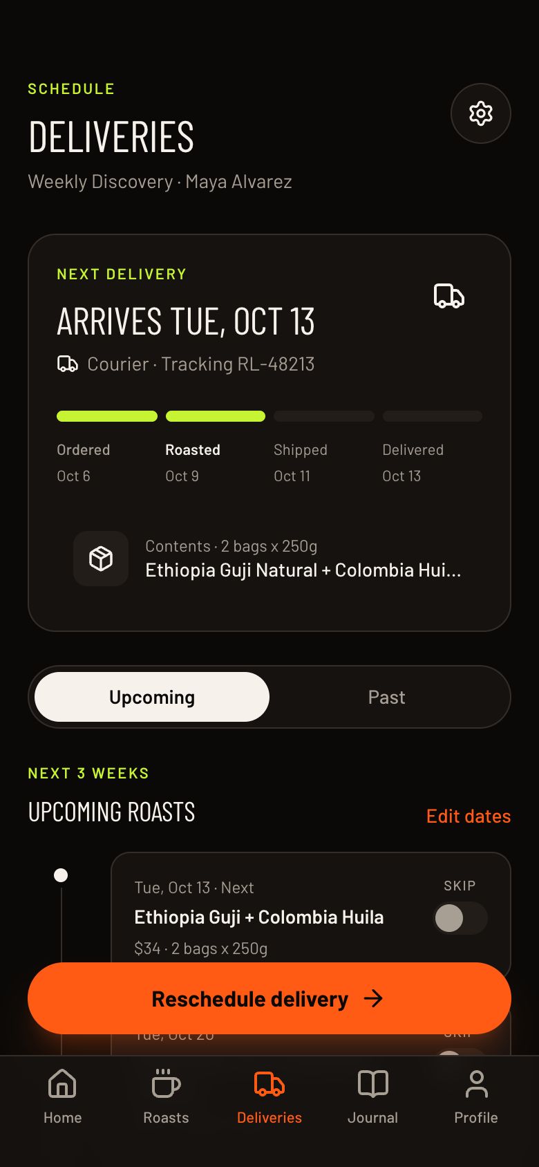 Roastline Delivery Schedule screen