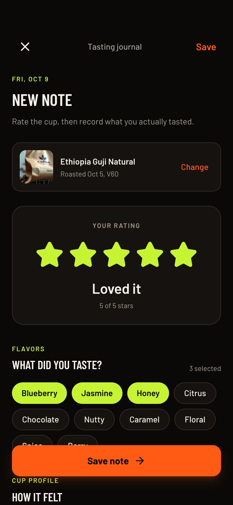 Roastline Add Tasting Note screen