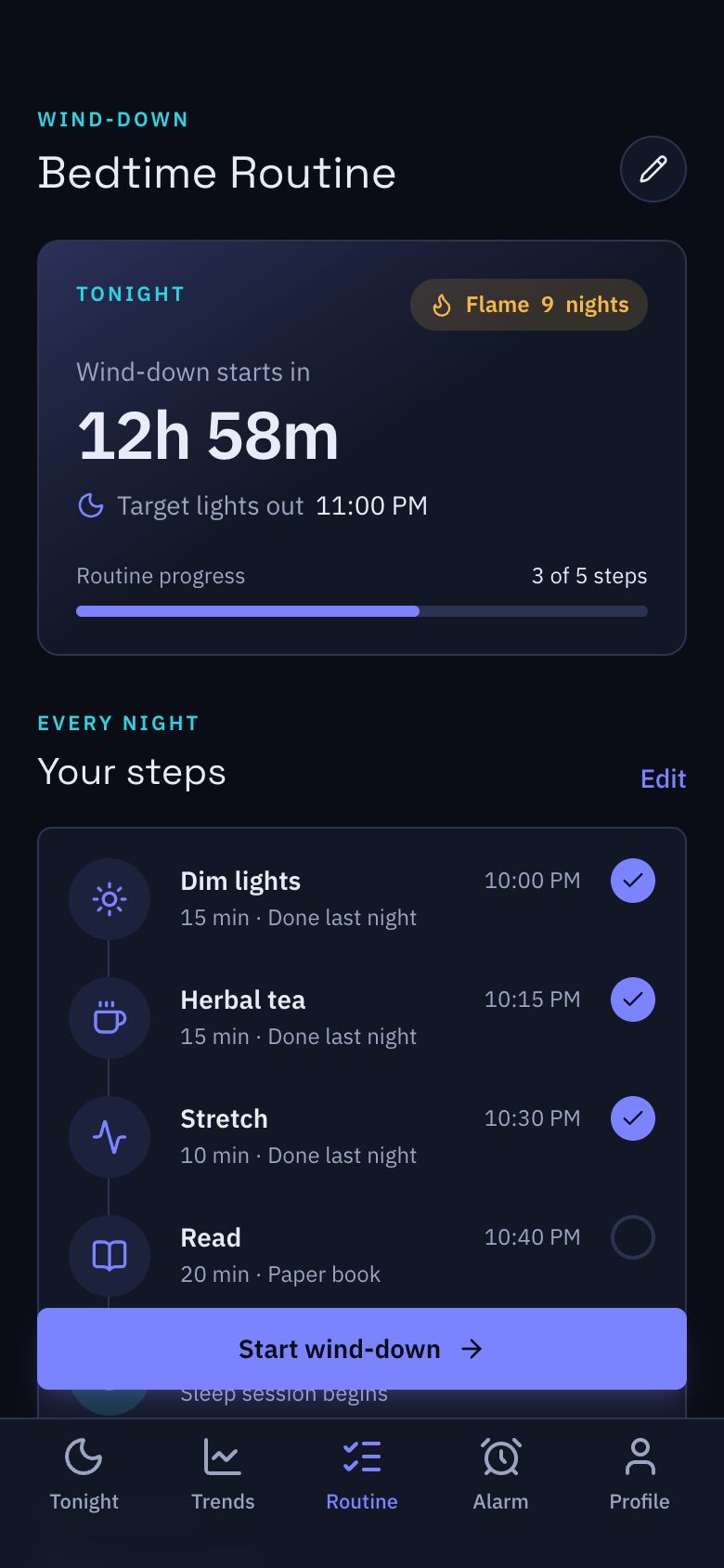 Somnia Bedtime Routine screen