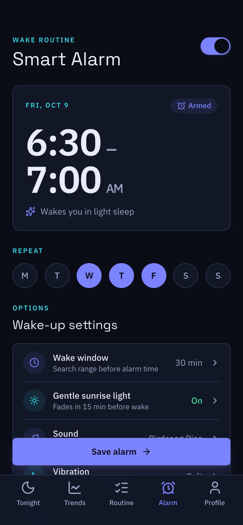 Somnia Smart Alarm screen