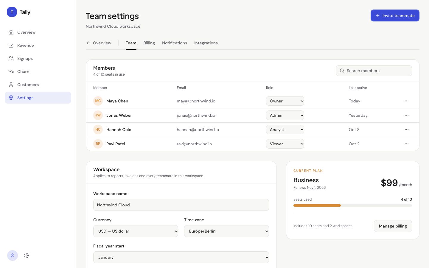 Tally Team settings page