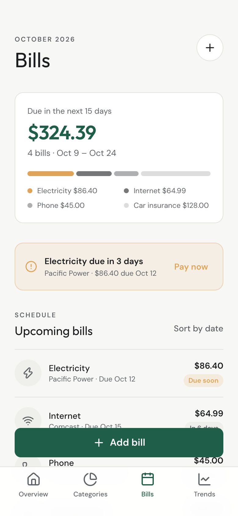 Tally Upcoming Bills screen