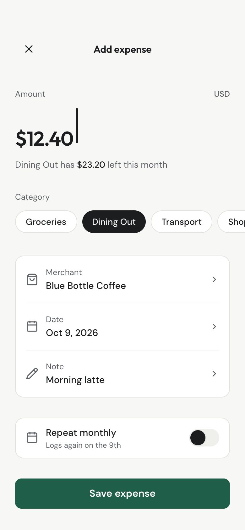 Tally Add Expense screen