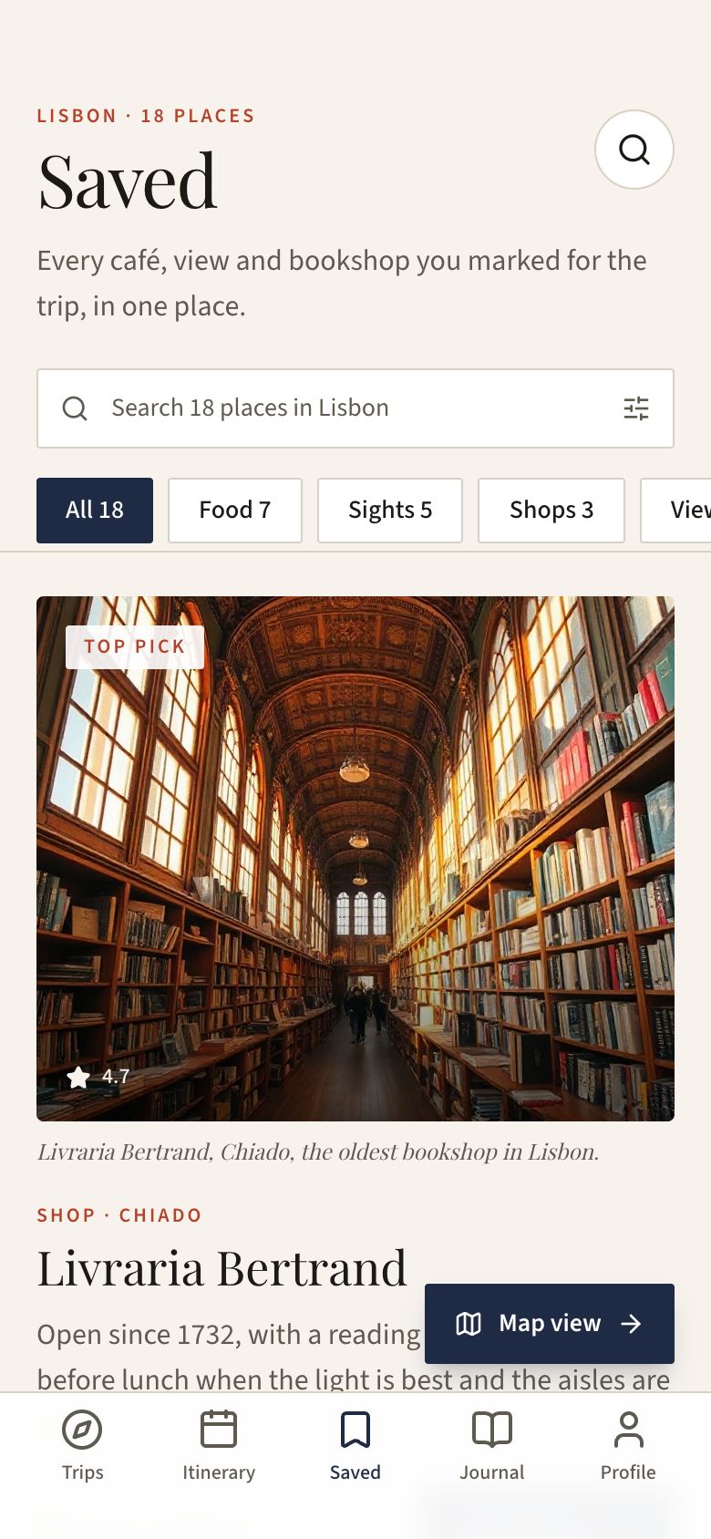 Wanderpage Saved Places screen